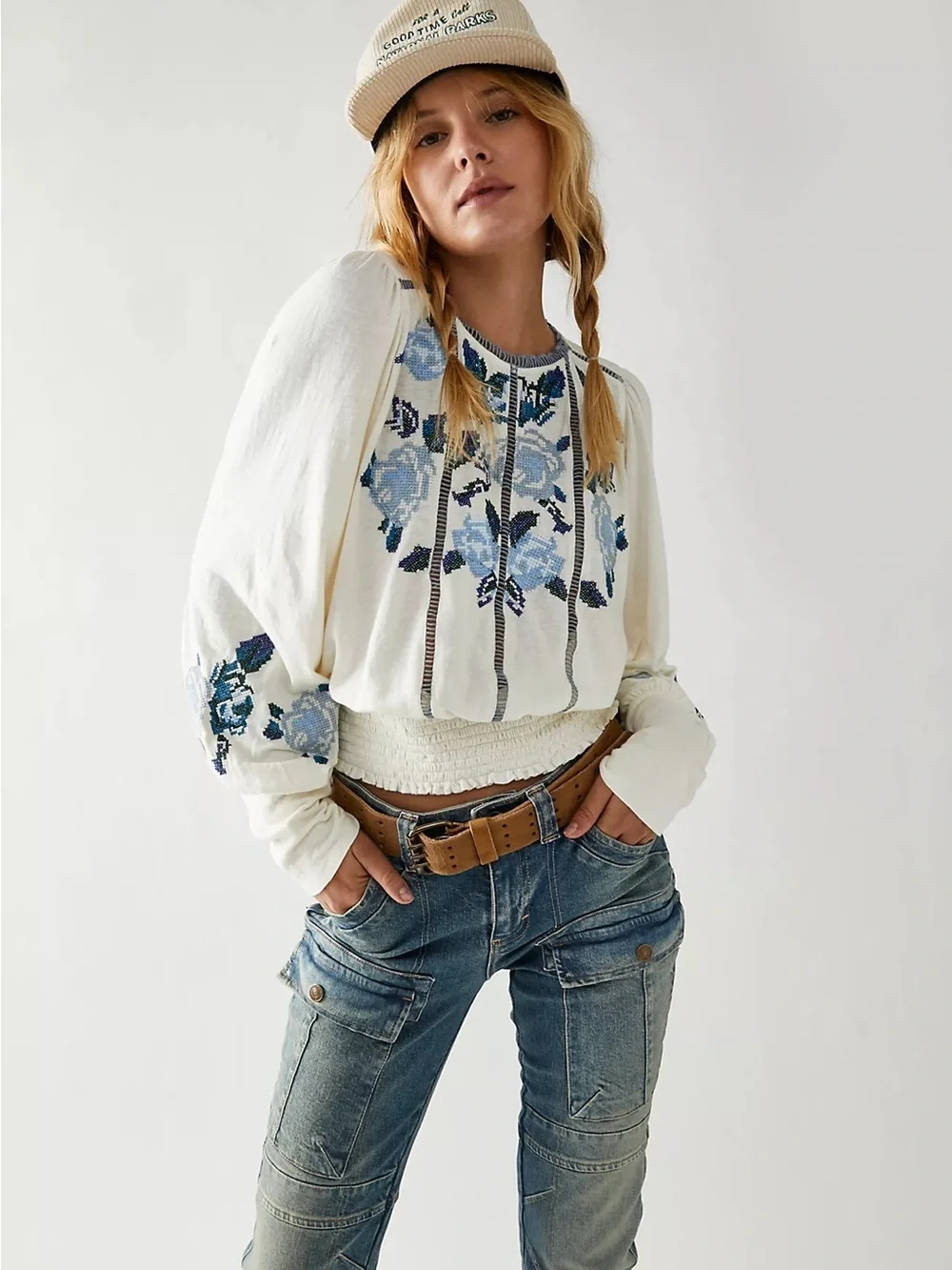 Free People Felicity Embroidered Smocked Boho Top Ivory Blue Size M